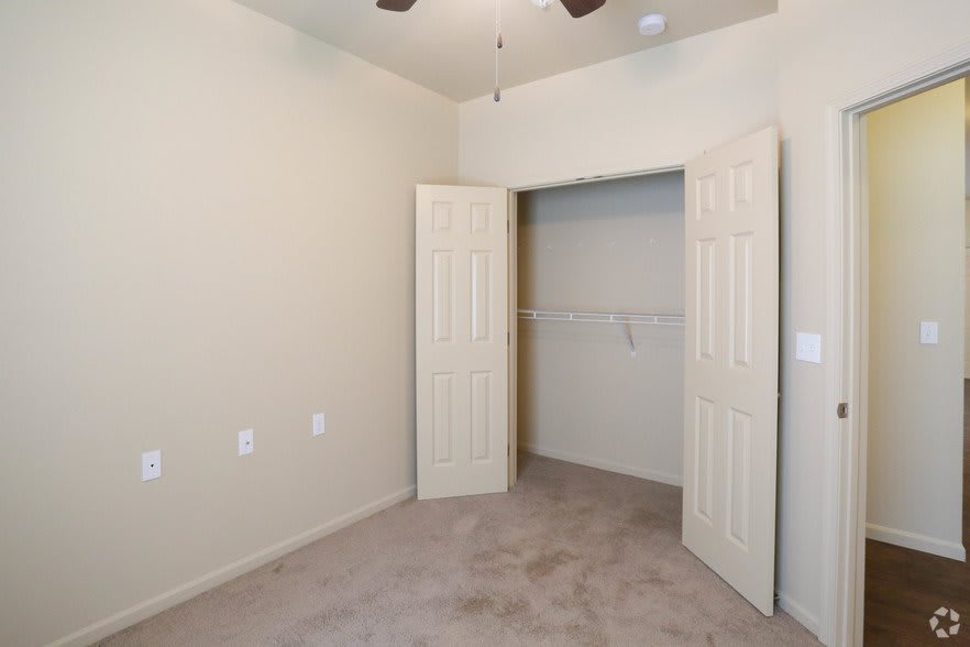 An empty room with an open closet and carpeted flooring, featuring a ceiling fan.