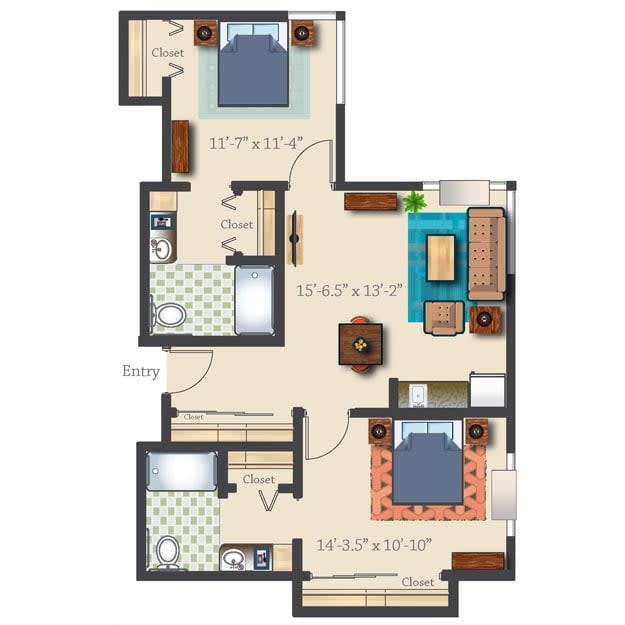 A floor plan of a two-bedroom apartment with a living room, kitchen, and two bathrooms.