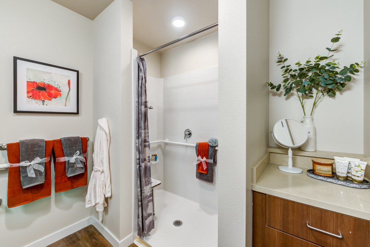 A modern bathroom with a walk-in shower and stylish decor.
