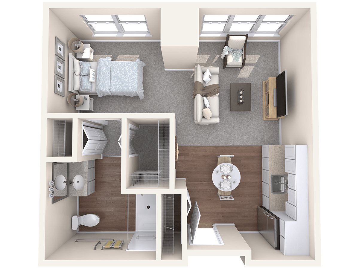 A top-down view of a modern apartment layout featuring a bedroom, living room, kitchen, and bathroom.