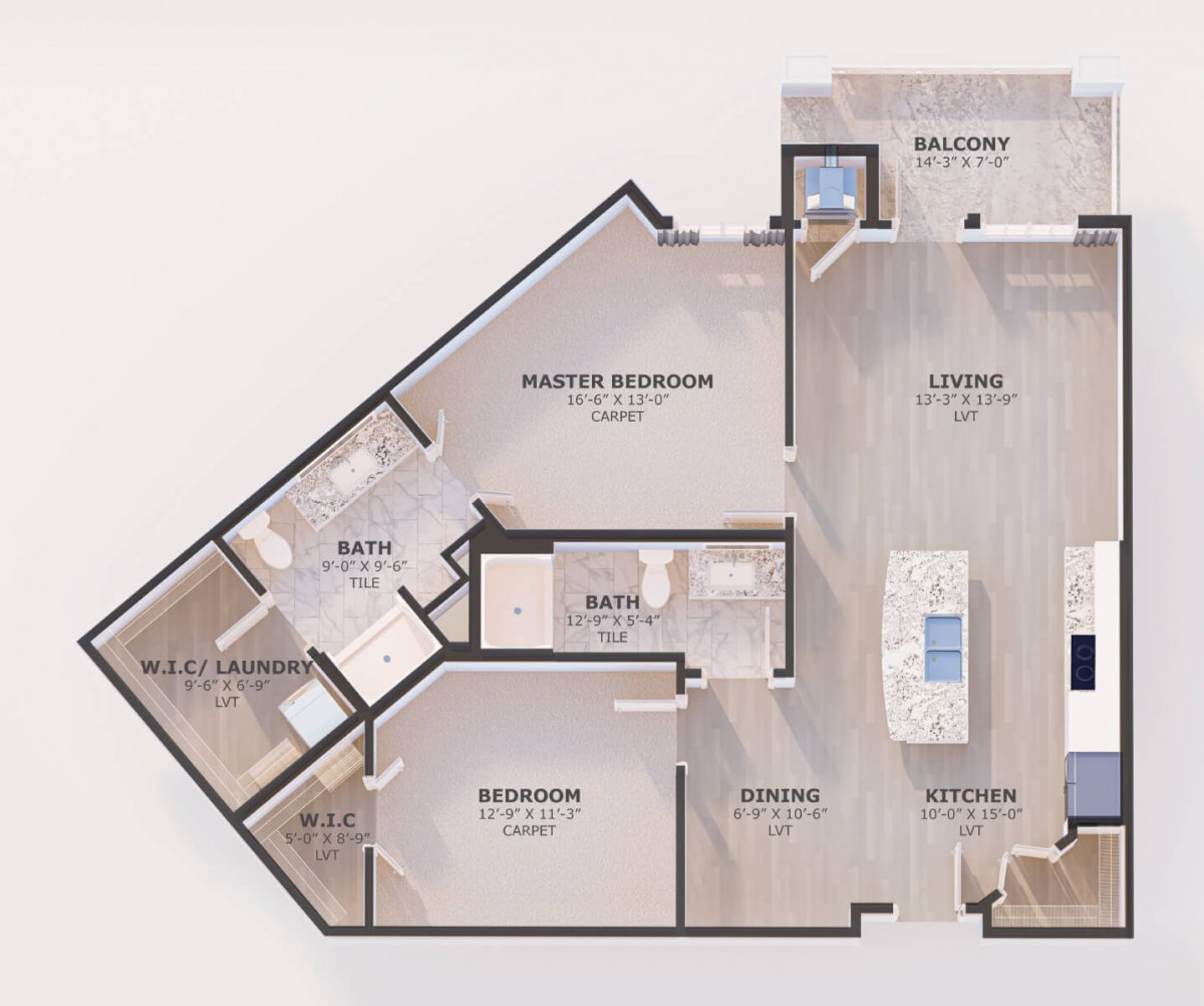A detailed floor plan of a two-bedroom apartment featuring a kitchen, living room, two bathrooms, and two balconies.