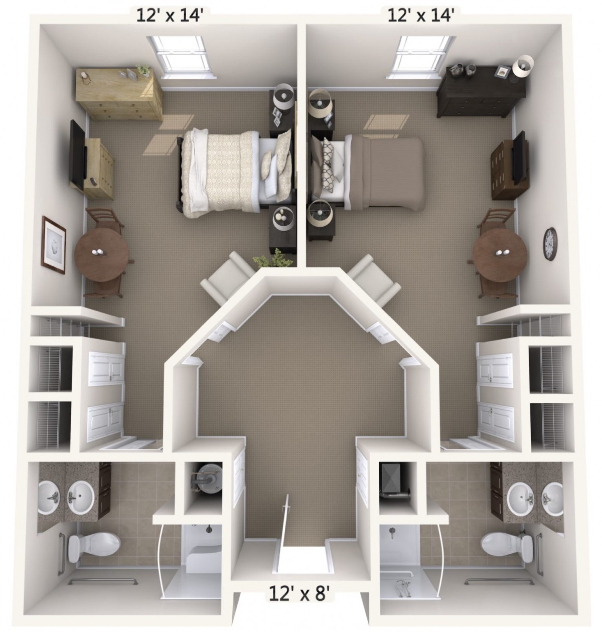 A detailed floor plan showing a two-bedroom apartment with individual bathrooms and shared living space.