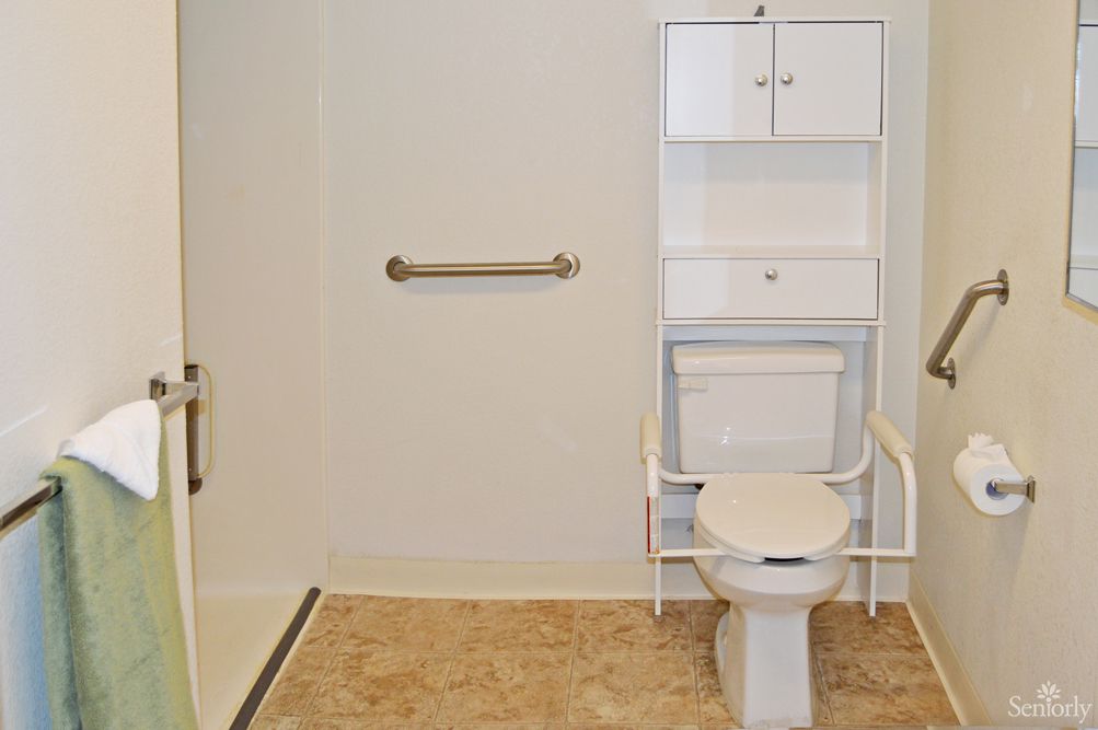 An accessible bathroom with a toilet and safety features, including a grab bar and a nearby shower.