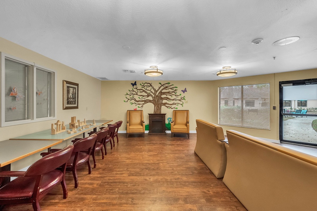 A well-lit living room with wooden flooring, featuring a tree mural on the wall, cozy chairs, and a sofa.