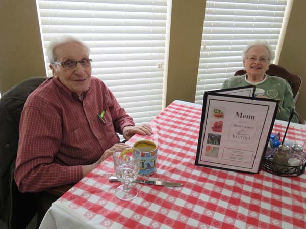 An elderly couple sitting at a dining table with a red checkered tablecloth, examining the menu.