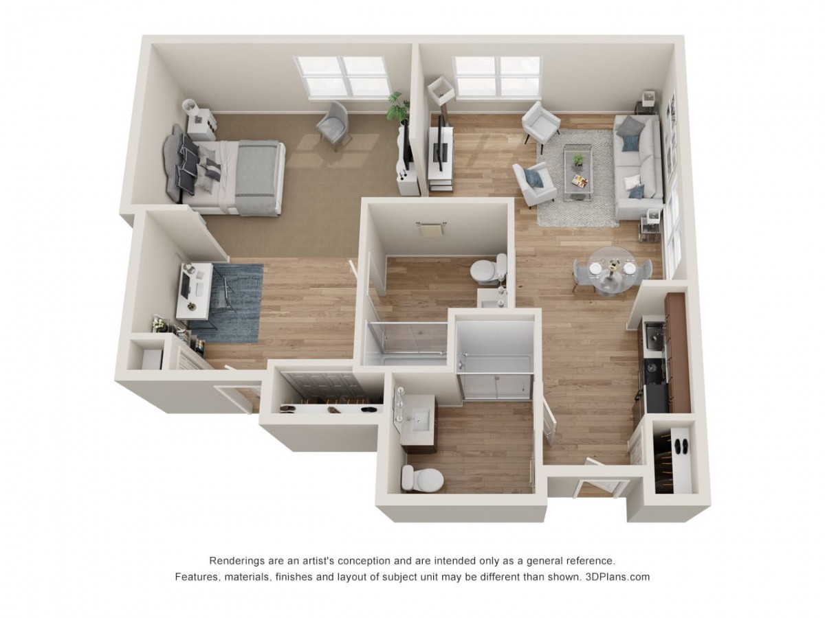 3D rendering of a one-bedroom apartment floor plan with modern interior design.