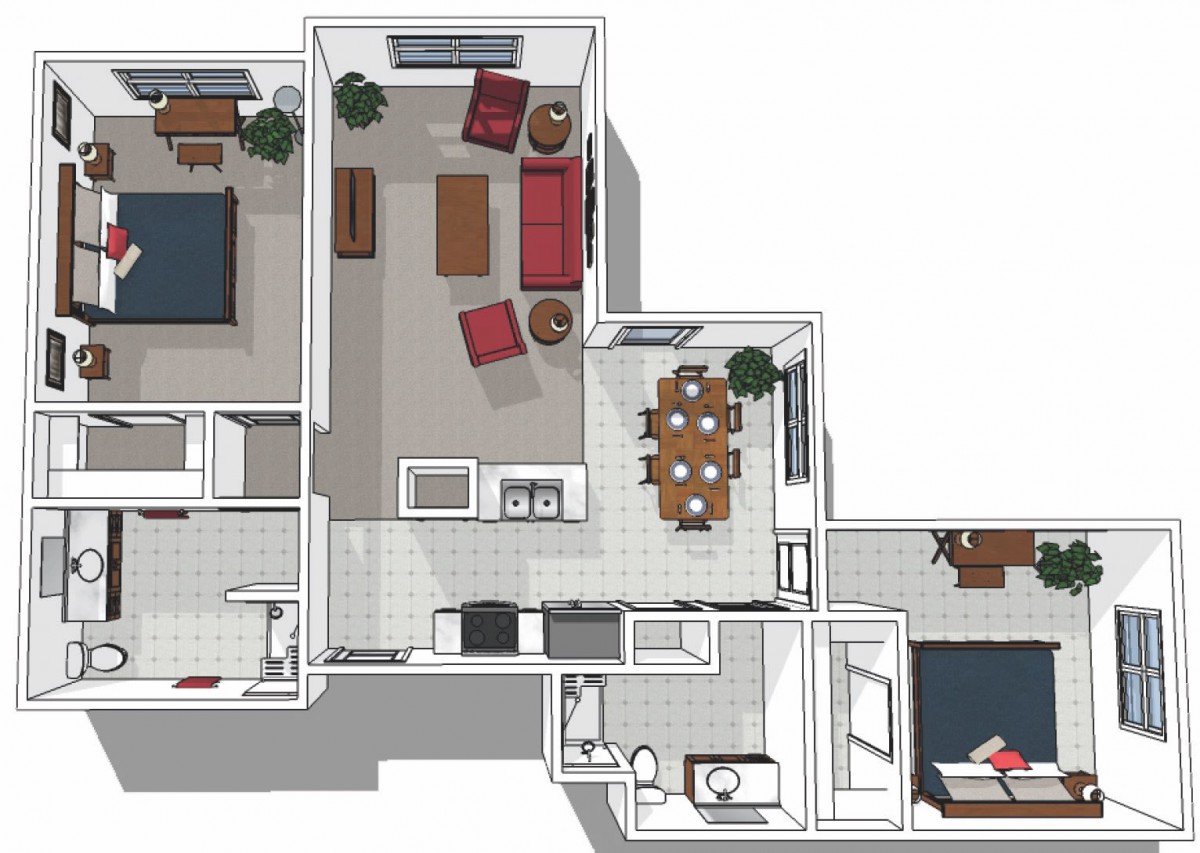 A 2D floor plan of an apartment showing the arrangement of rooms and furniture.