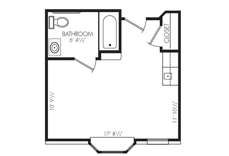 A floor plan showing a bathroom, closet, and living area.