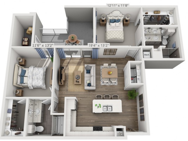 A 3D floor plan of a modern apartment featuring two bedrooms, a kitchen, living room, and bathroom.