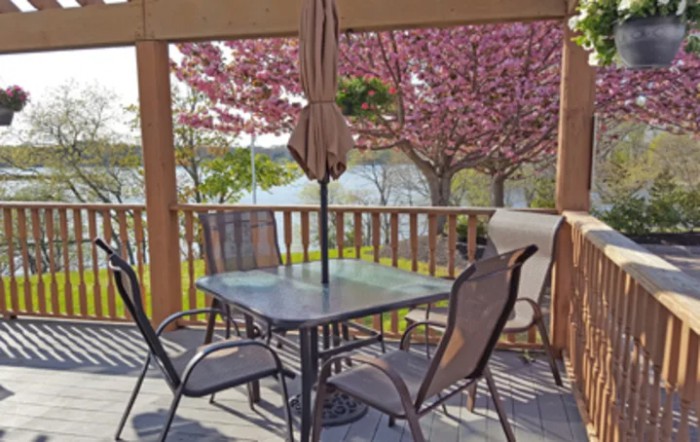 Outdoor patio with table and chairs overlooking a lake and blossoming trees.