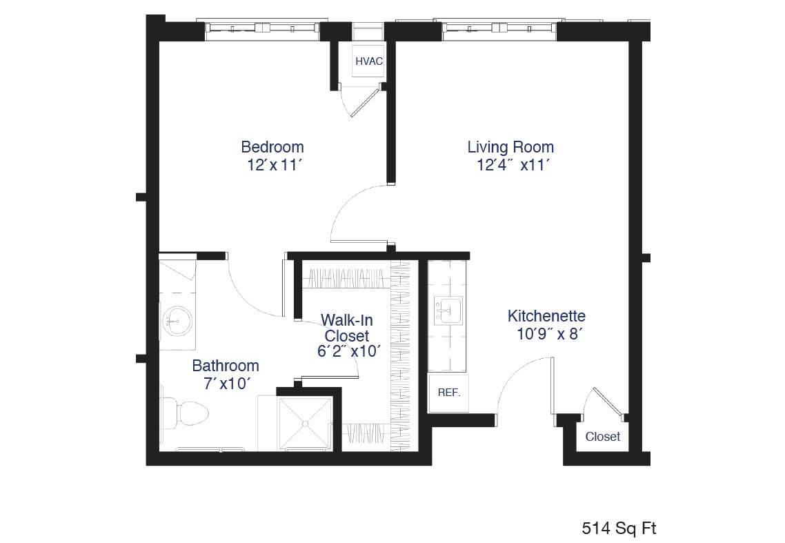 A floor plan of a one-bedroom apartment with a living room, kitchenette, bathroom, and walk-in closet.