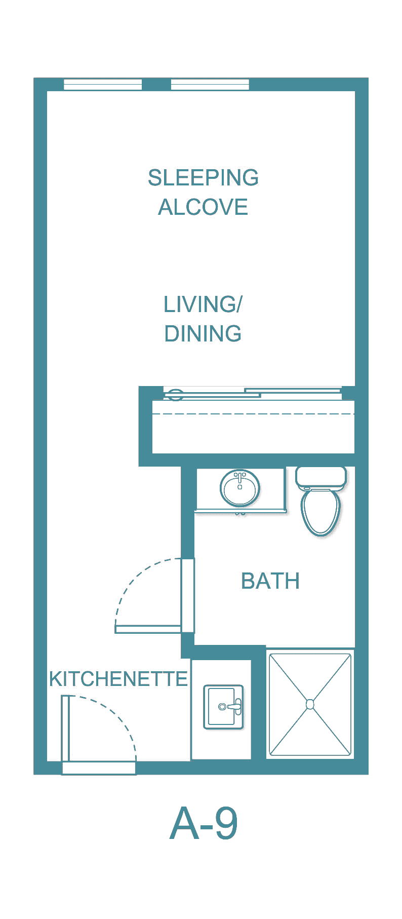 A floor plan showing a studio apartment layout with a living/dining area and a bathroom.