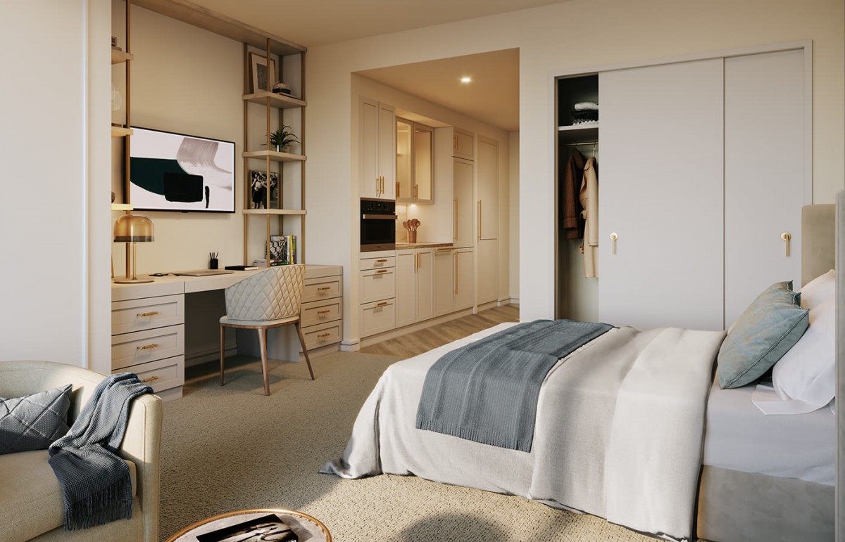 A modern minimalist bedroom with a cozy bed, workspace, and neutral decor.