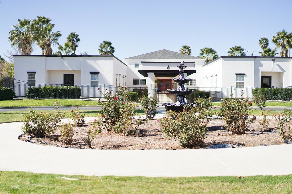 A modern building with a landscaped garden and a fountain in front.
