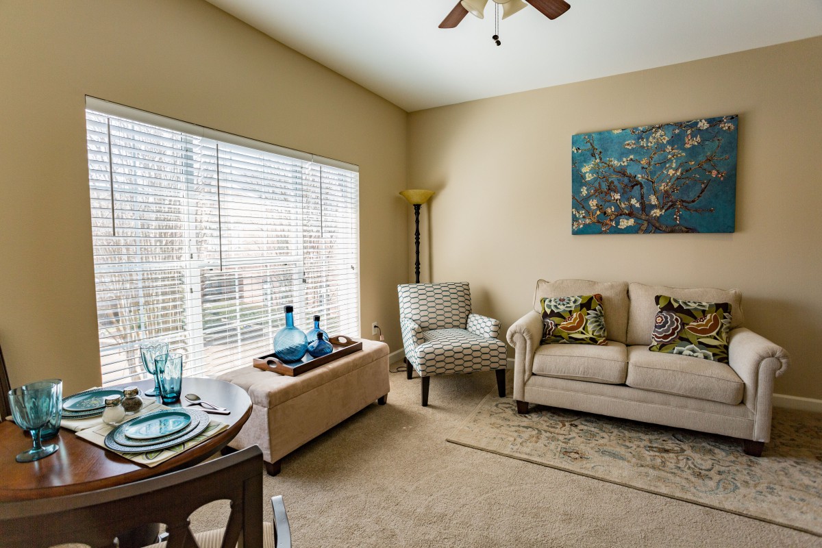 A cozy living room with modern decor, featuring a sofa, striped chair, and ample natural light through large windows.