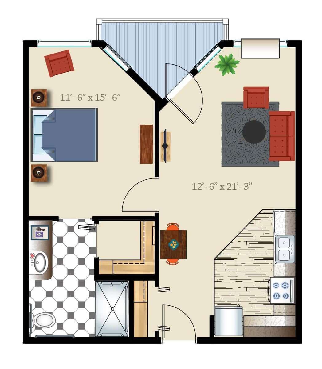 A one-bedroom apartment floor plan featuring a living room, kitchen, bathroom, and bedroom.