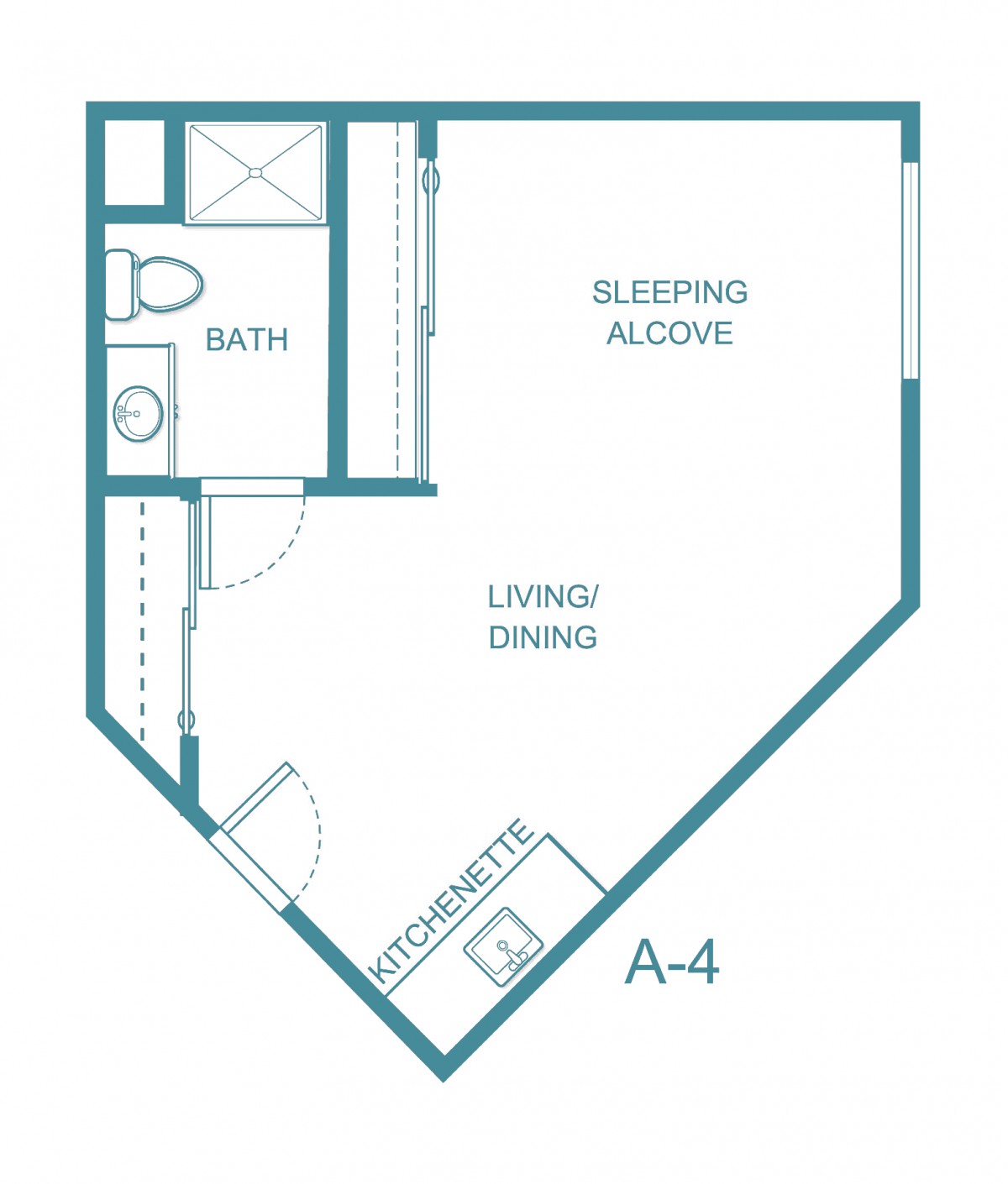 A floor plan of a studio apartment featuring a sleeping alcove, living/dining area, bathroom, and kitchenette.