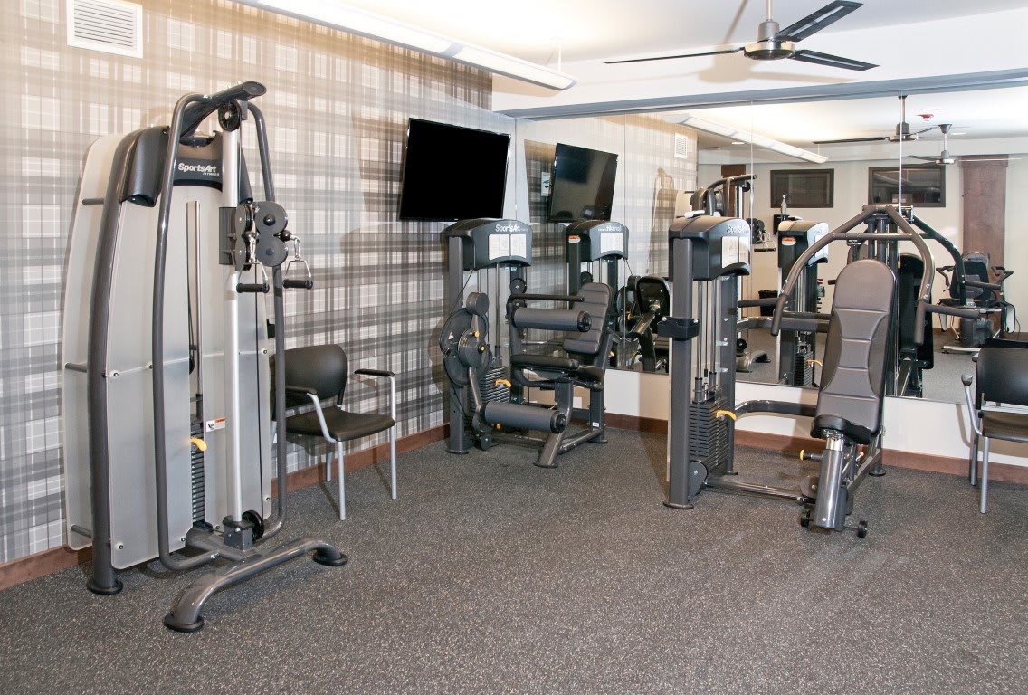 A modern gym with various fitness equipment and workout machines.