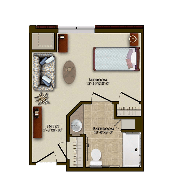 A floor plan of a compact studio apartment featuring a bathroom, bedroom, and living area.