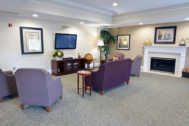 A cozy living room with a television, sofas, and a fireplace.
