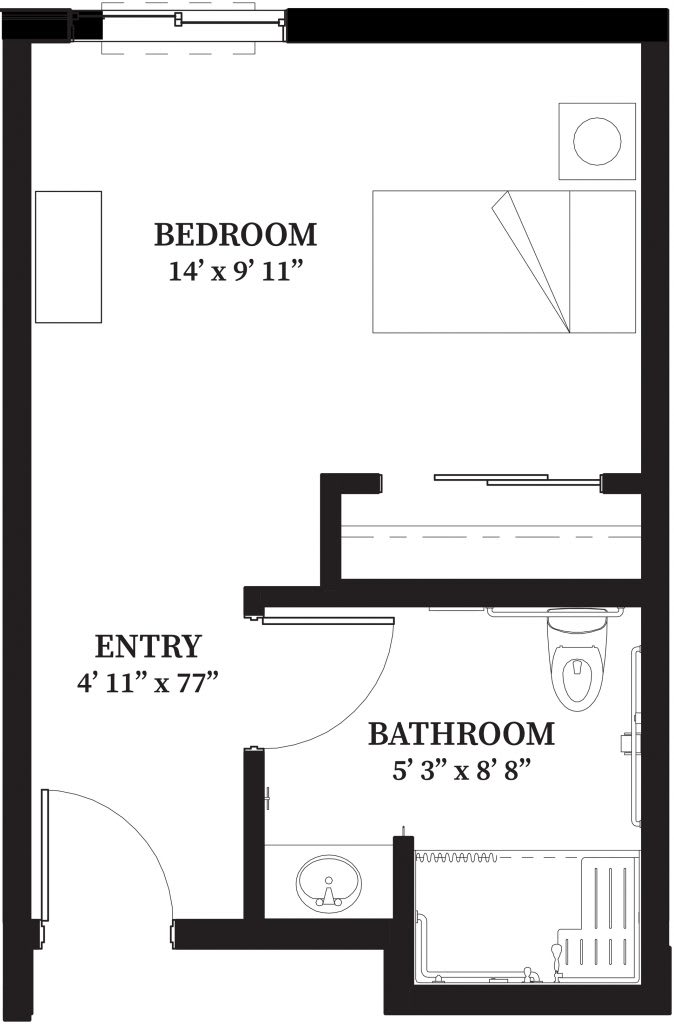 A simple floor plan showing the layout of a bedroom, bathroom, and entryway.