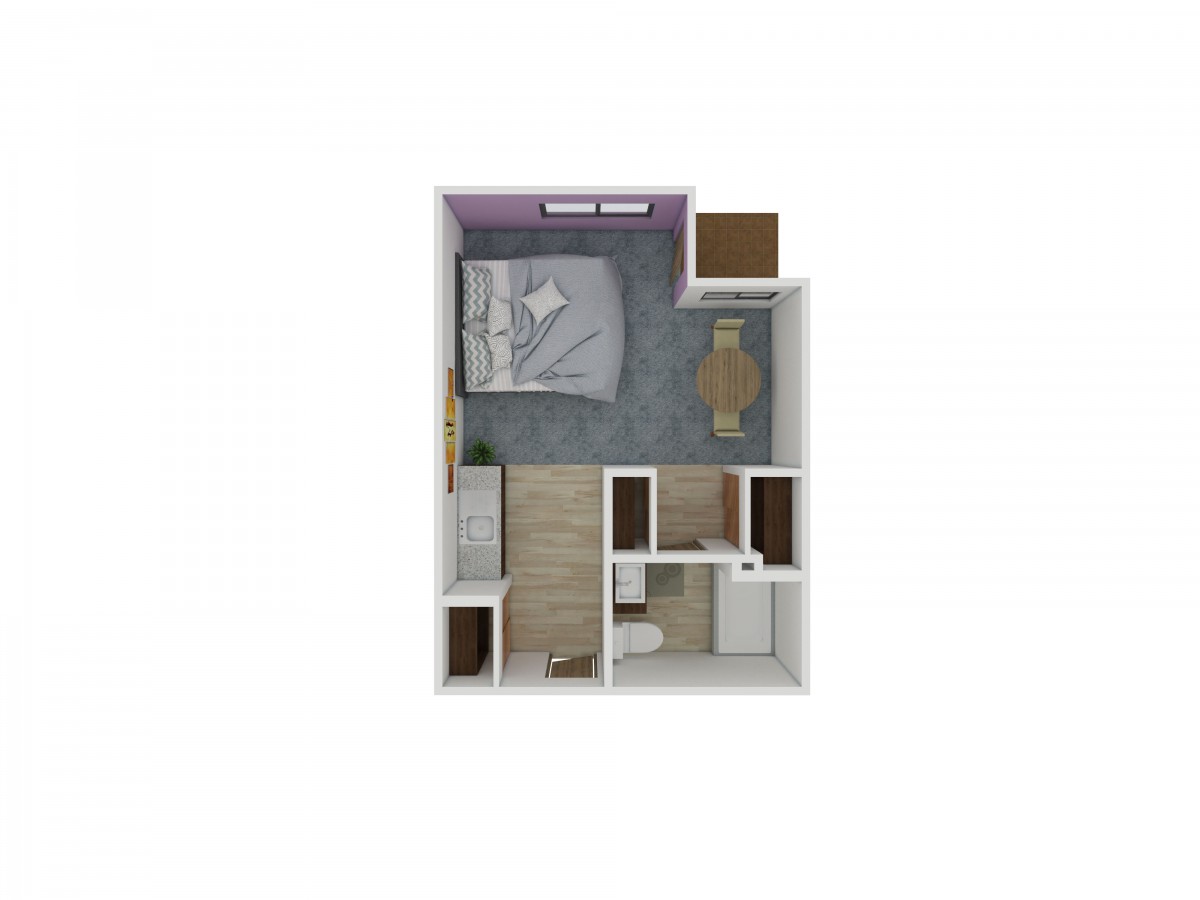 A compact floor plan of a small one-bedroom apartment with a minimalist layout.