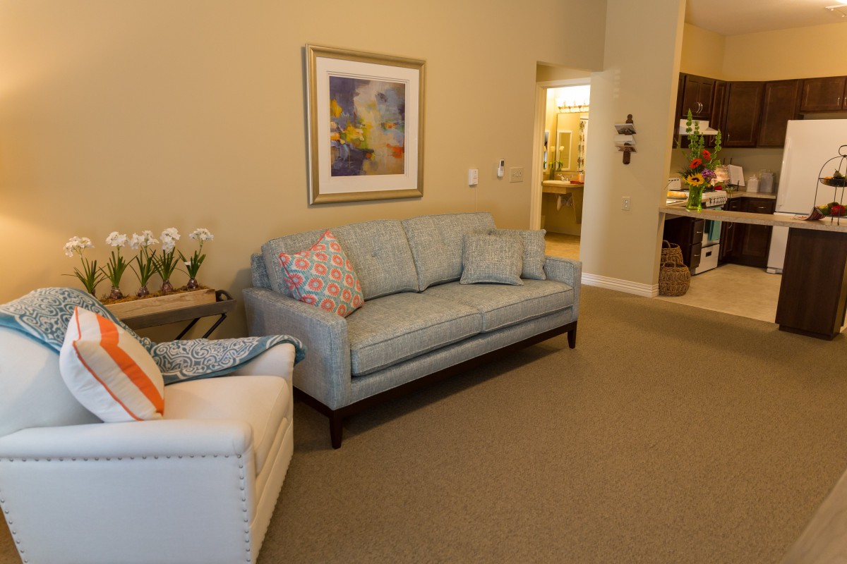 A cozy living room with a sofa, armchair, and decorative elements like artwork and flower vases.