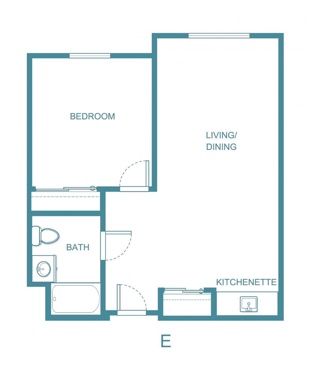 A simple floor plan of a one-bedroom apartment with a living/dining area, kitchenette, and bathroom.