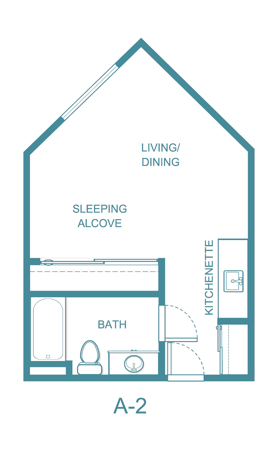 A studio apartment floor plan featuring a sleeping alcove, kitchenette, and a combined living/dining area.