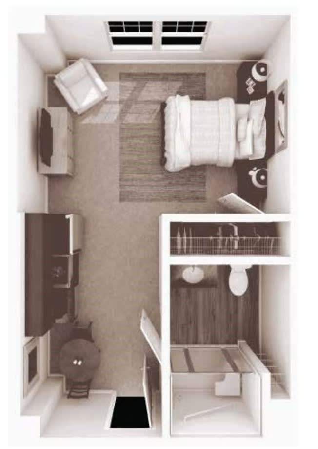 A top-down view of a compact bedroom and bathroom layout, featuring a bed, TV, and seating area.