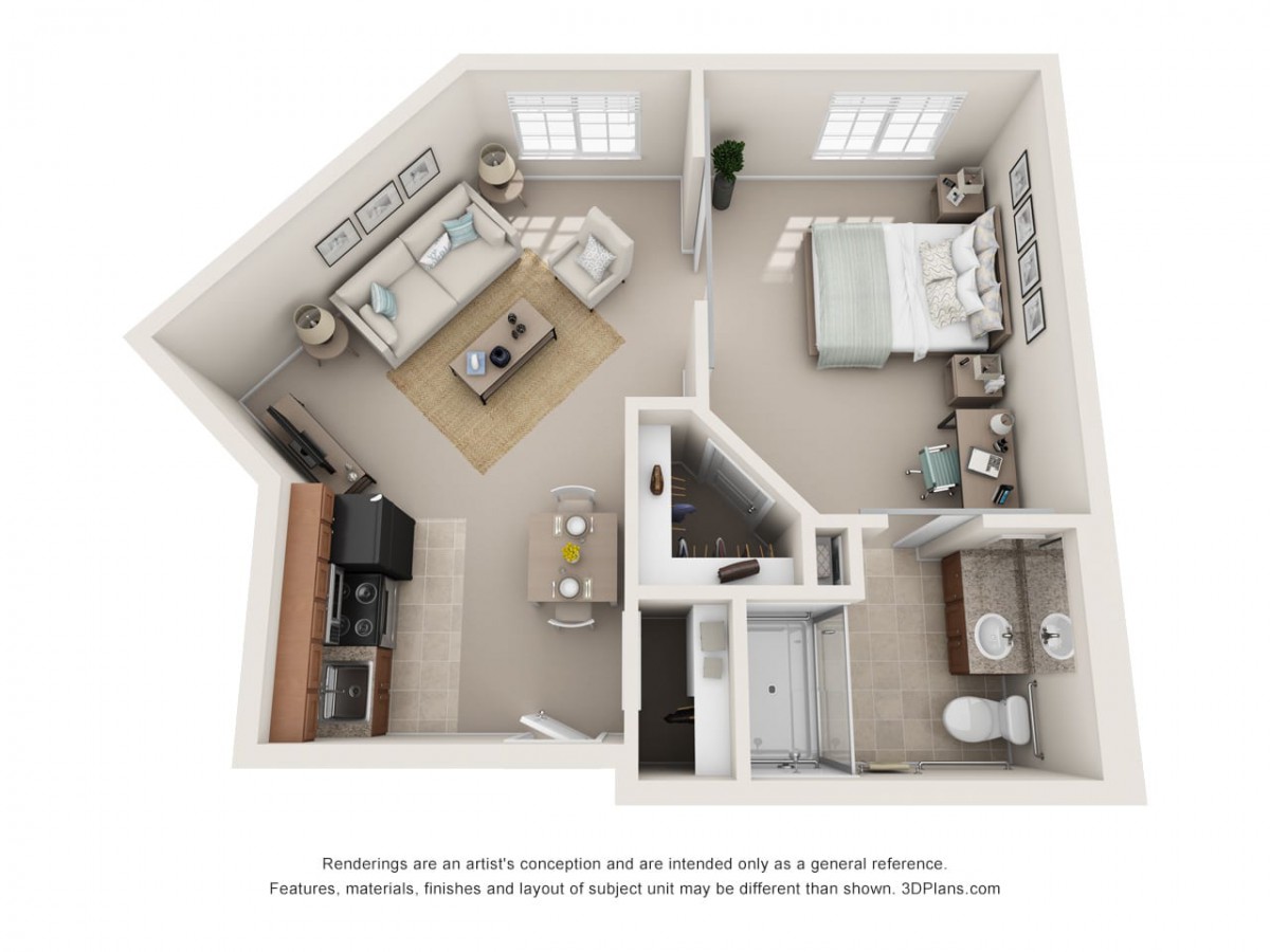 A 3D floor plan of a one-bedroom apartment featuring a living room, kitchen, bathroom, and bedroom.
