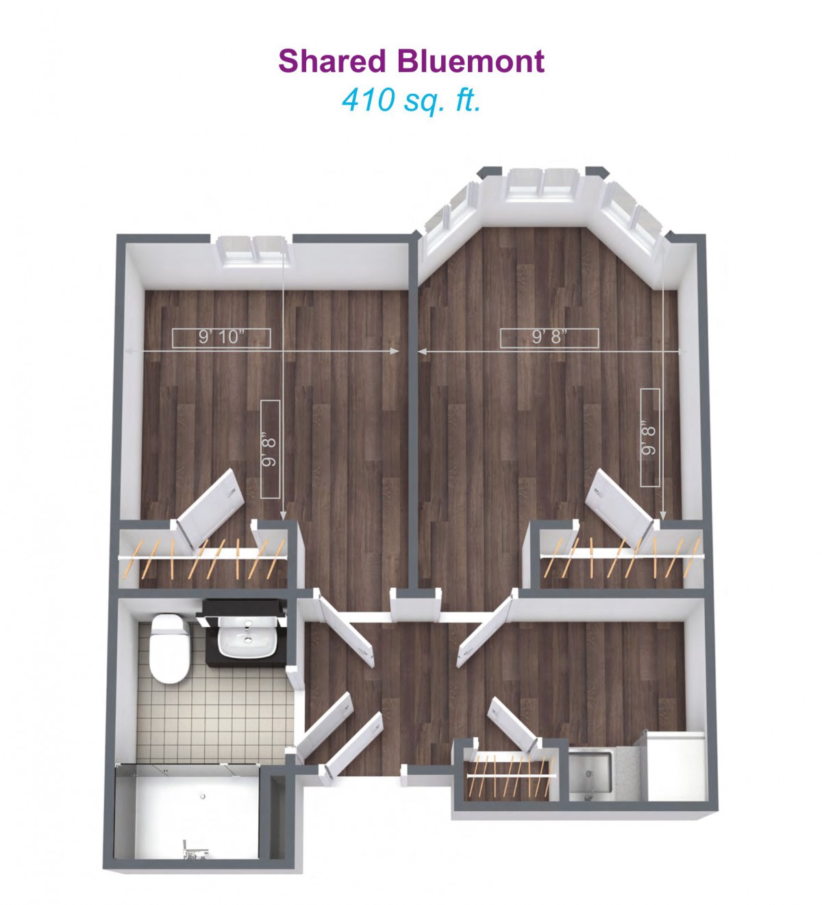Floor plan of a shared Bluemont apartment with an area of 410 sq. ft.