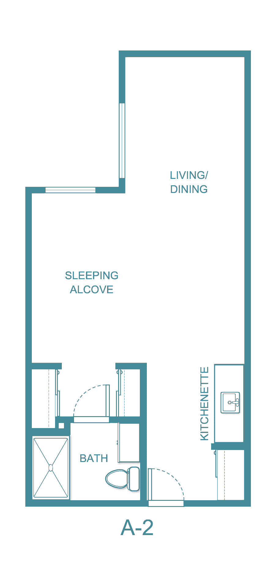 Studio apartment floor plan with a sleeping alcove, living/dining area, and kitchenette.