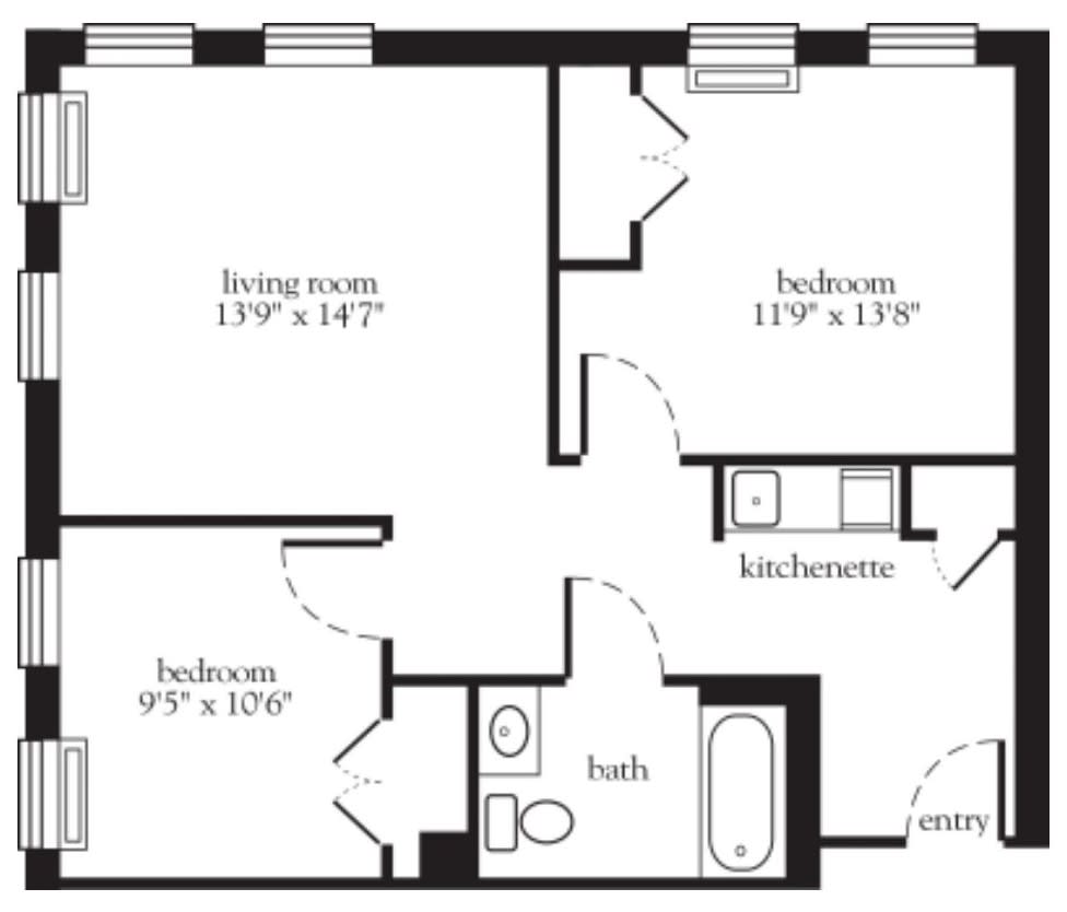 A two-bedroom apartment floor plan with living room, kitchen, and bathroom.