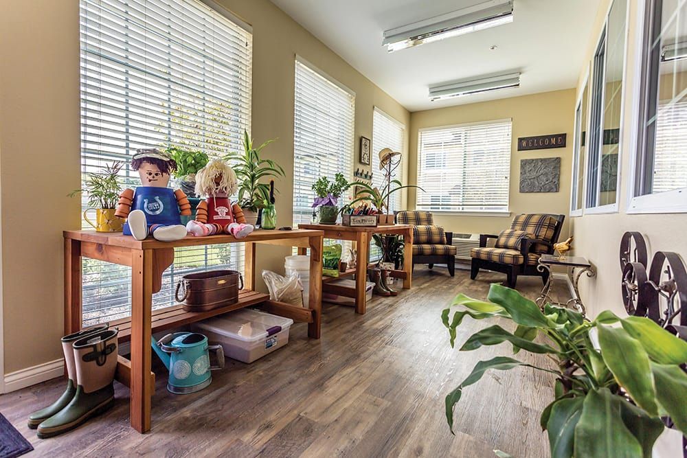 A bright and welcoming waiting room with plants and toys.