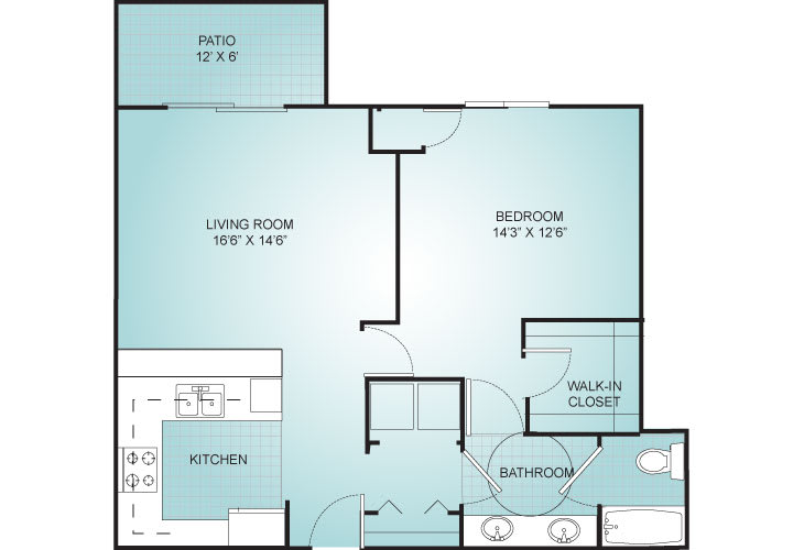 A floor plan of a one-bedroom apartment with labeled rooms.