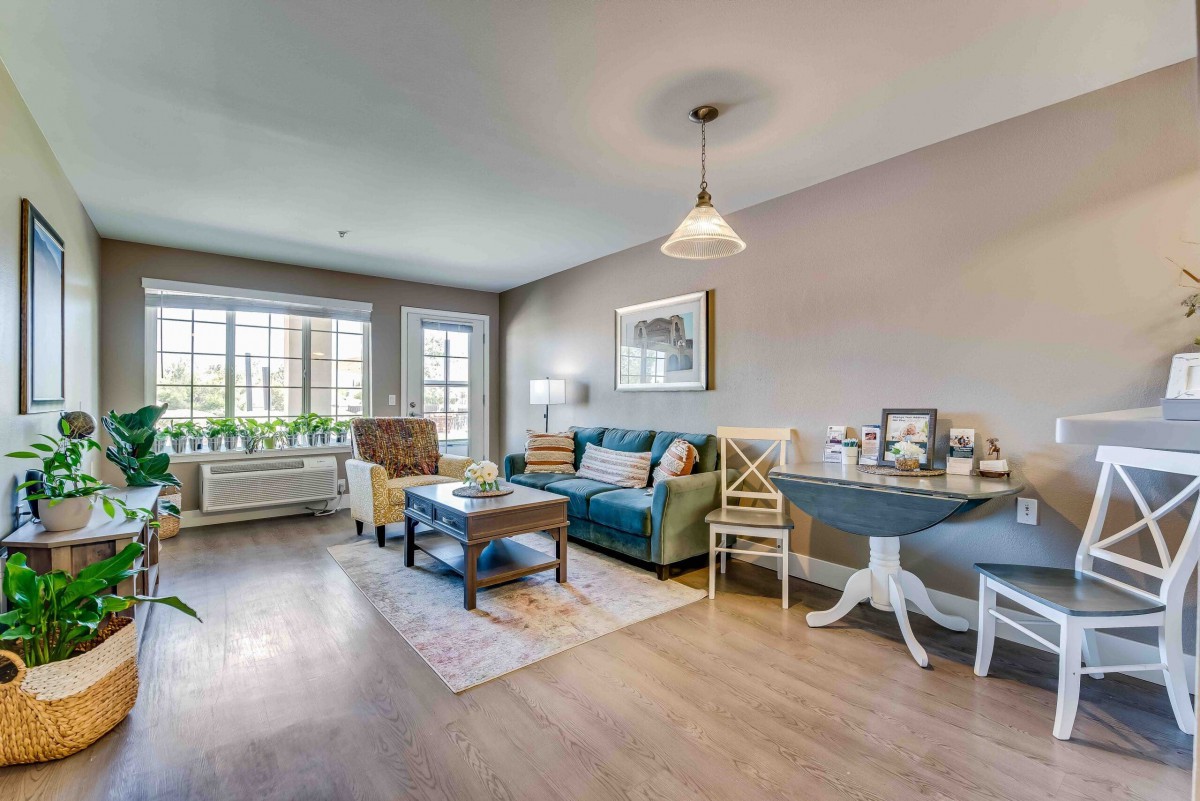 A modern living room with a cozy seating area and dining space.
