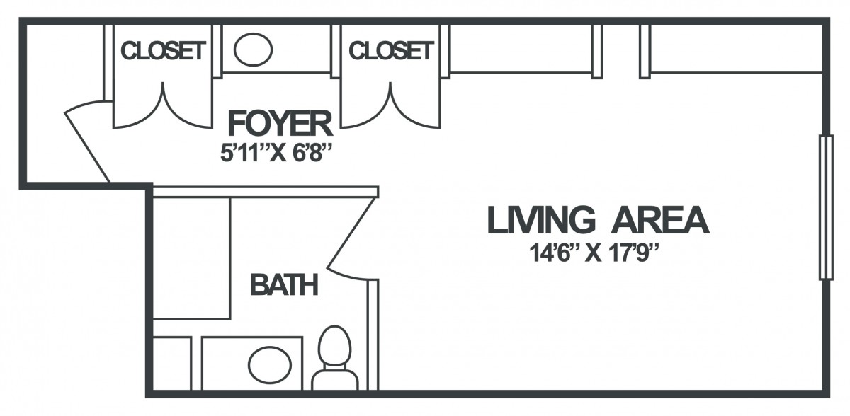A floor plan showing a layout with a foyer, living area, bathroom, and closet.