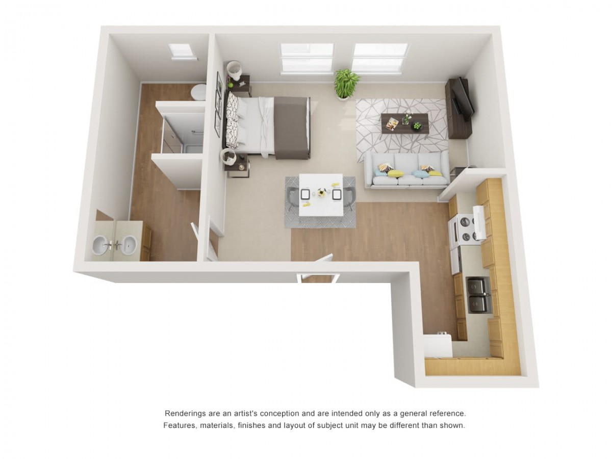 A 3D floor plan illustrating a one-bedroom apartment layout with kitchen, bathroom, and living area.