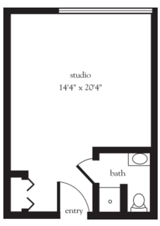 Floor plan of a studio apartment with dimensions and bathroom area.