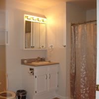 A bathroom interior featuring a sink with a mirror and cabinet above, along with a shower area enclosed by a curtain.