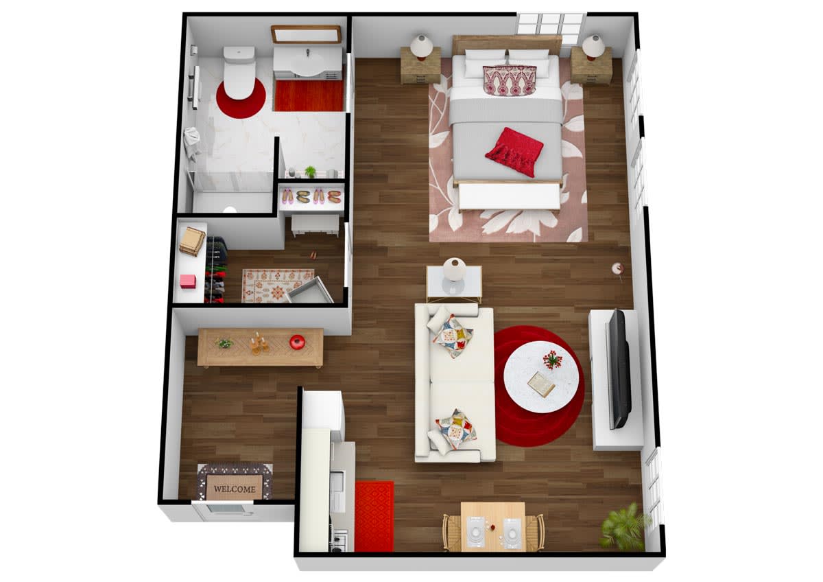 A floor plan of a modern one-bedroom apartment featuring a living room, kitchen, and bathroom.