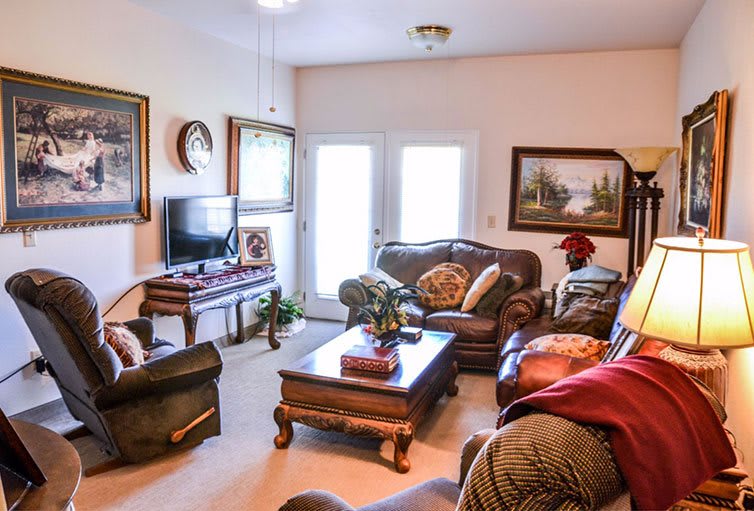 A cozy living room with comfortable sofas, a television, and decorative paintings on the walls.