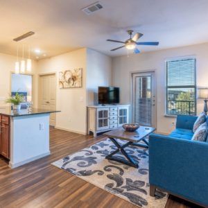A modern apartment interior featuring an open living space with a kitchen island, hardwood floors, and stylish furniture.