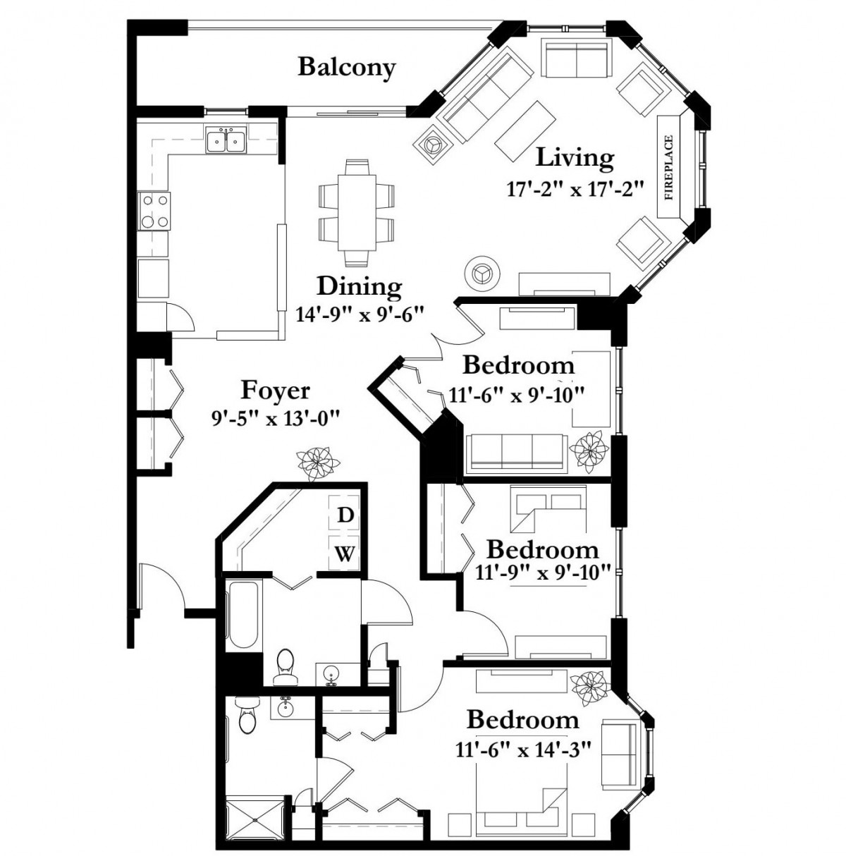 Floor plan layout of a residential apartment with multiple bedrooms and living areas.