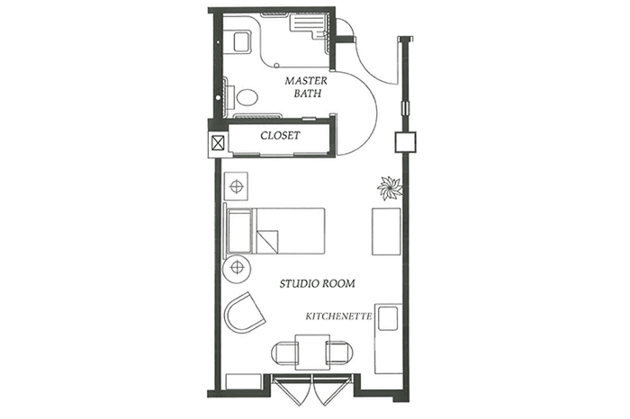 A floor plan of a studio apartment featuring a master bath and closet.