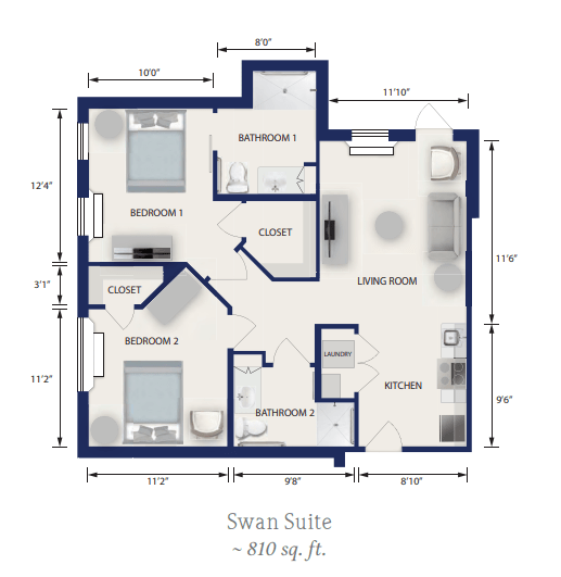 Floor plan of a two-bedroom apartment with living room, kitchen, and bathroom.