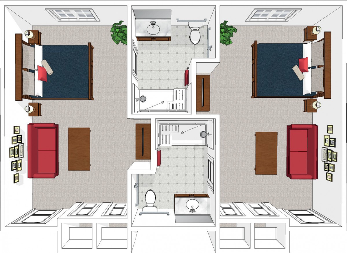 A floor plan of a two-bedroom apartment with bathrooms and furnishings.