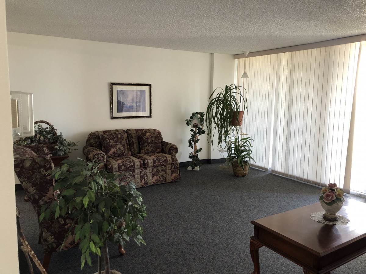 A cozy living room with a floral sofa, indoor plants, and a coffee table.