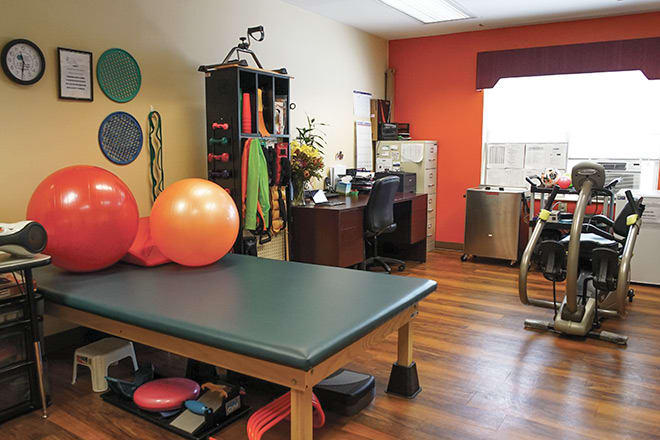 A physical therapy room equipped with exercise balls, a treatment table, and various rehabilitation tools.